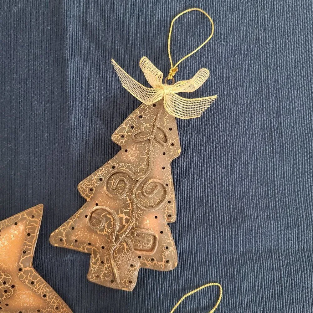 Vintage Textured Metal Holiday Christmas Tree Star Heart Ornaments Set Of Three